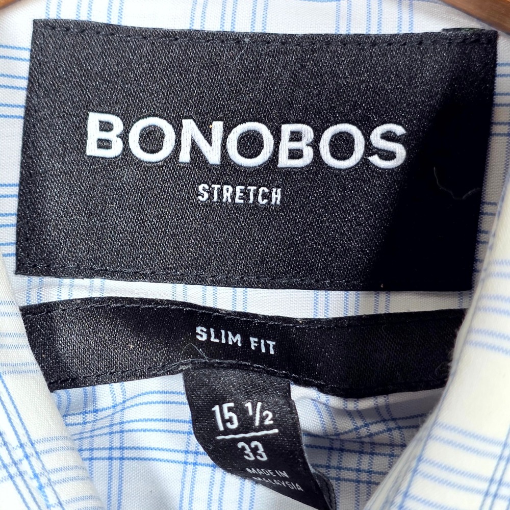 Bonobos Dress Shirt Mens 15.5 33 Blue White Plaid Stretch Slim Fit Button Down - Picture 7 of 7